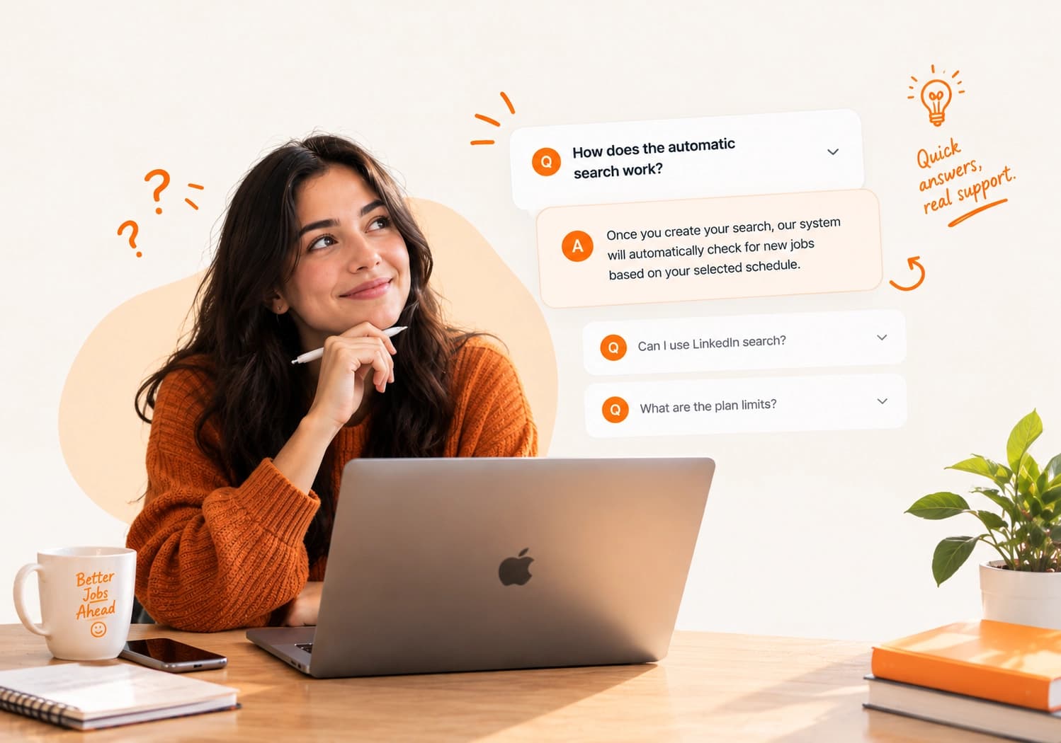 Une personne devant un ordinateur avec des réponses rapides et un vrai support